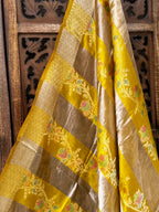 Sun-Kissed Mustard Patti Katan Silk Dupatta | Hand-Woven Zari Stripes with Floral Meenakari