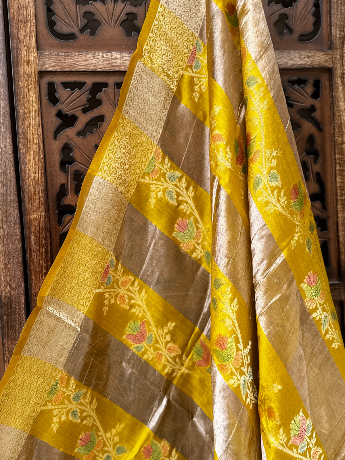 Sun-Kissed Mustard Patti Katan Silk Dupatta | Hand-Woven Zari Stripes with Floral Meenakari