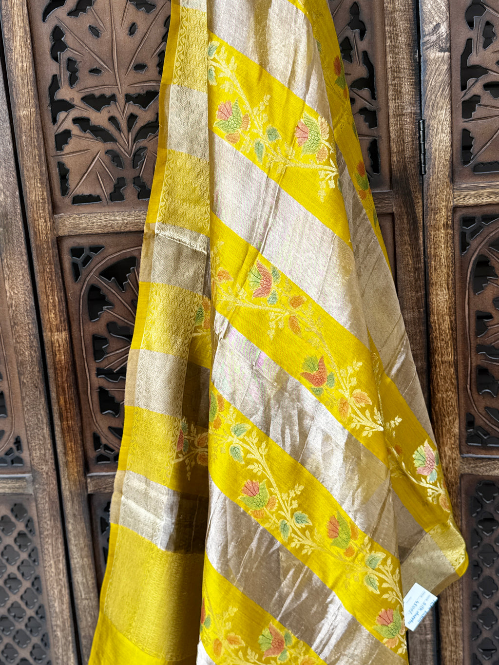 Sun-Kissed Mustard Patti Katan Silk Dupatta | Hand-Woven Zari Stripes with Floral Meenakari