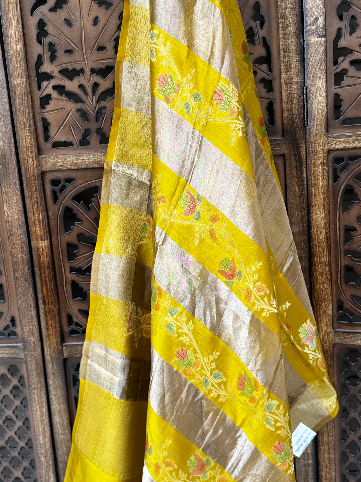 Sun-Kissed Mustard Patti Katan Silk Dupatta | Hand-Woven Zari Stripes with Floral Meenakari