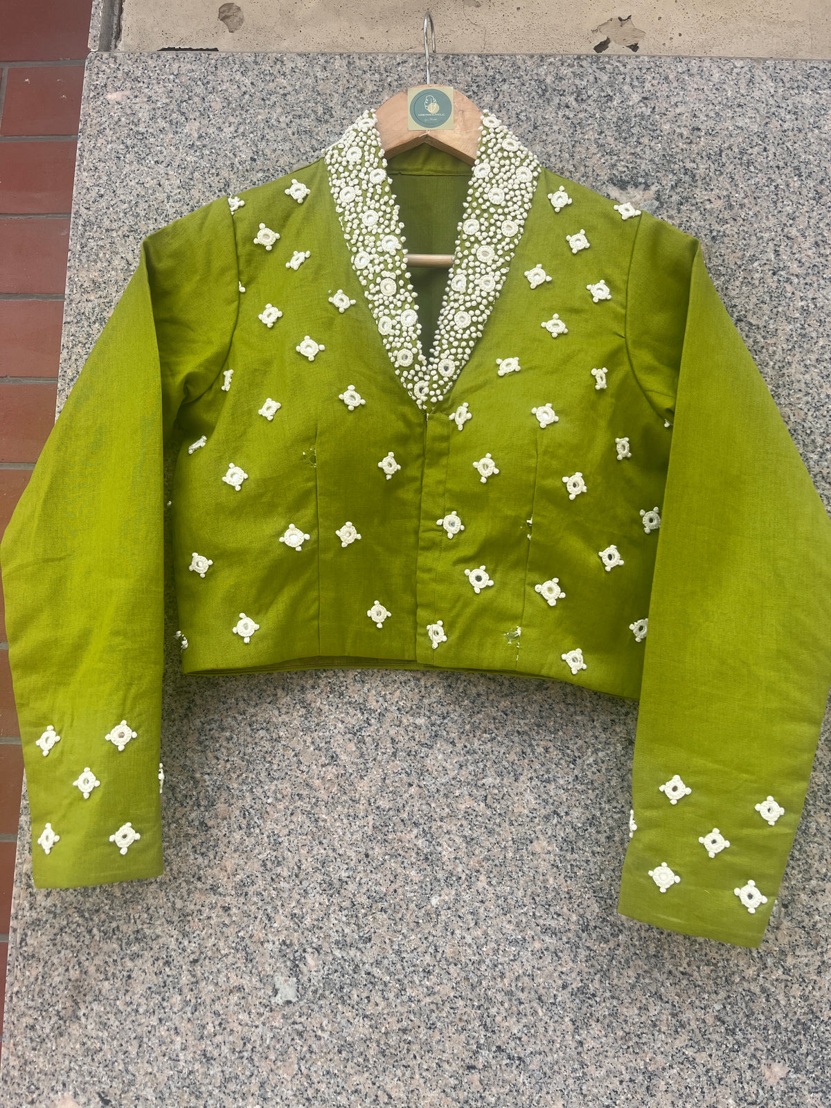 PARROT GREEN HANDWORK JACKET-STYLE COLLAR BLOUSE - handmadeaholicmishka