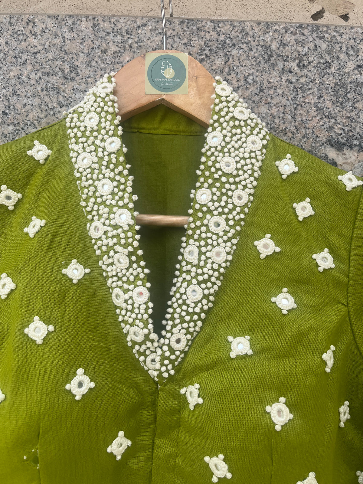 PARROT GREEN HANDWORK JACKET-STYLE COLLAR BLOUSE - handmadeaholicmishka