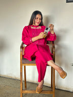 Fuschia Muse Hand-Woven Cotton Kurta Set with Linear Mirror Artistry-AABHALA COLLECTION HANDMADEAHOLIC BY MISHKA