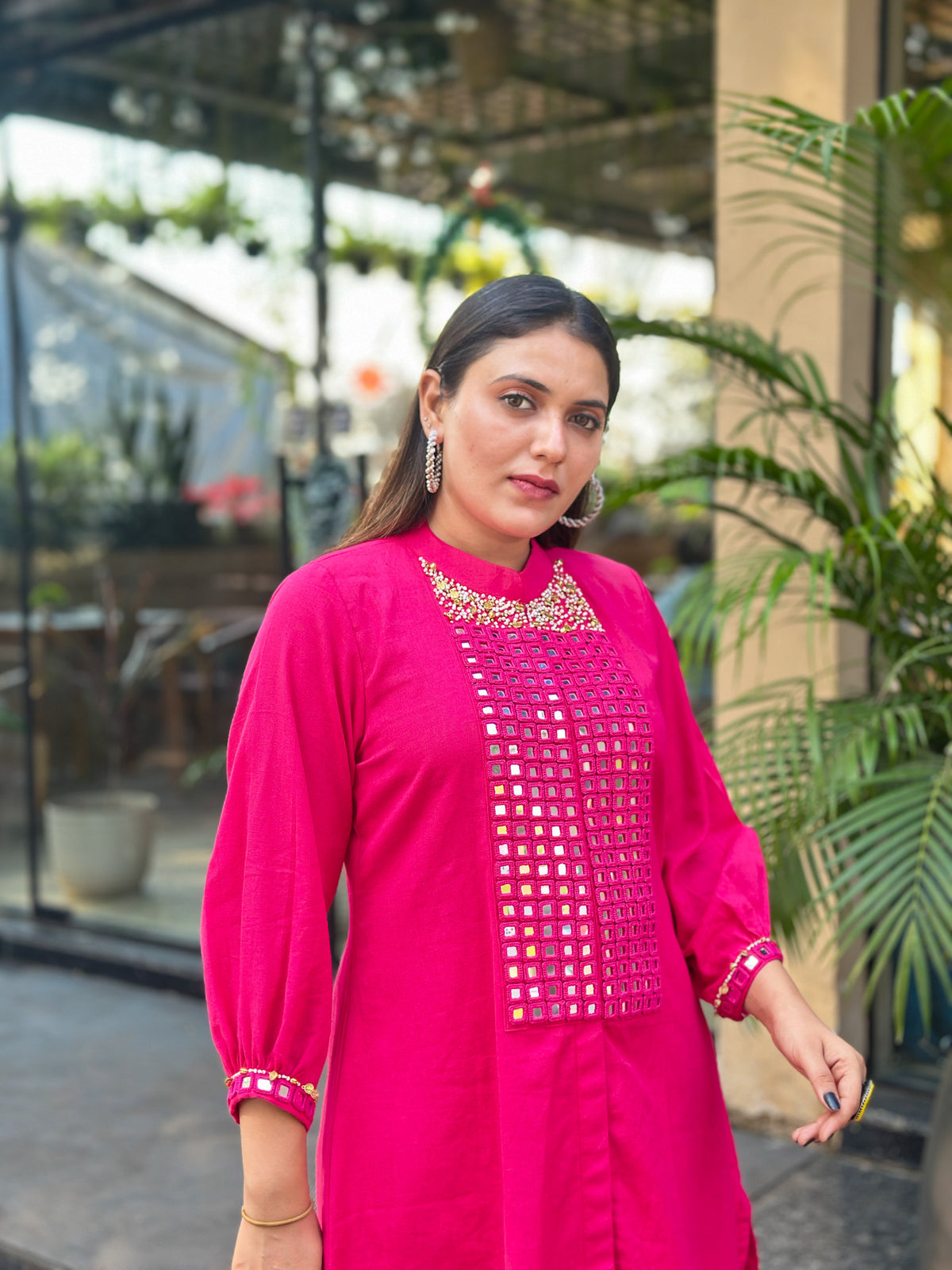 Fuschia Muse Hand-Woven Cotton Kurta Set with Linear Mirror Artistry-AABHALA COLLECTION HANDMADEAHOLIC BY MISHKA