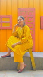 Solar Flare Hand-Woven Cotton V-Neck Kurta & Wide-Leg Pant Set-AABHALA COLLECTION HANDMADEAHOLIC BY MISHKA