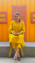 Solar Flare Hand-Woven Cotton V-Neck Kurta & Wide-Leg Pant Set-AABHALA COLLECTION HANDMADEAHOLIC BY MISHKA