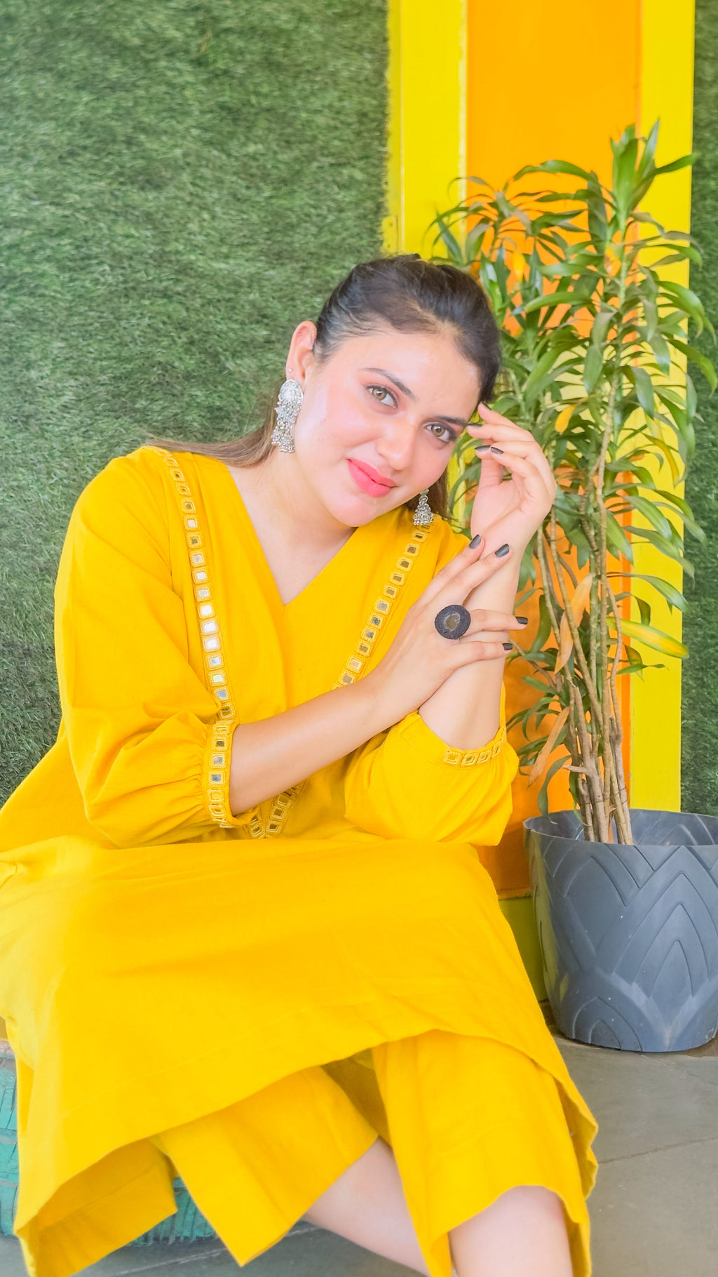 Solar Flare Hand-Woven Cotton V-Neck Kurta & Wide-Leg Pant Set-AABHALA COLLECTION HANDMADEAHOLIC BY MISHKA