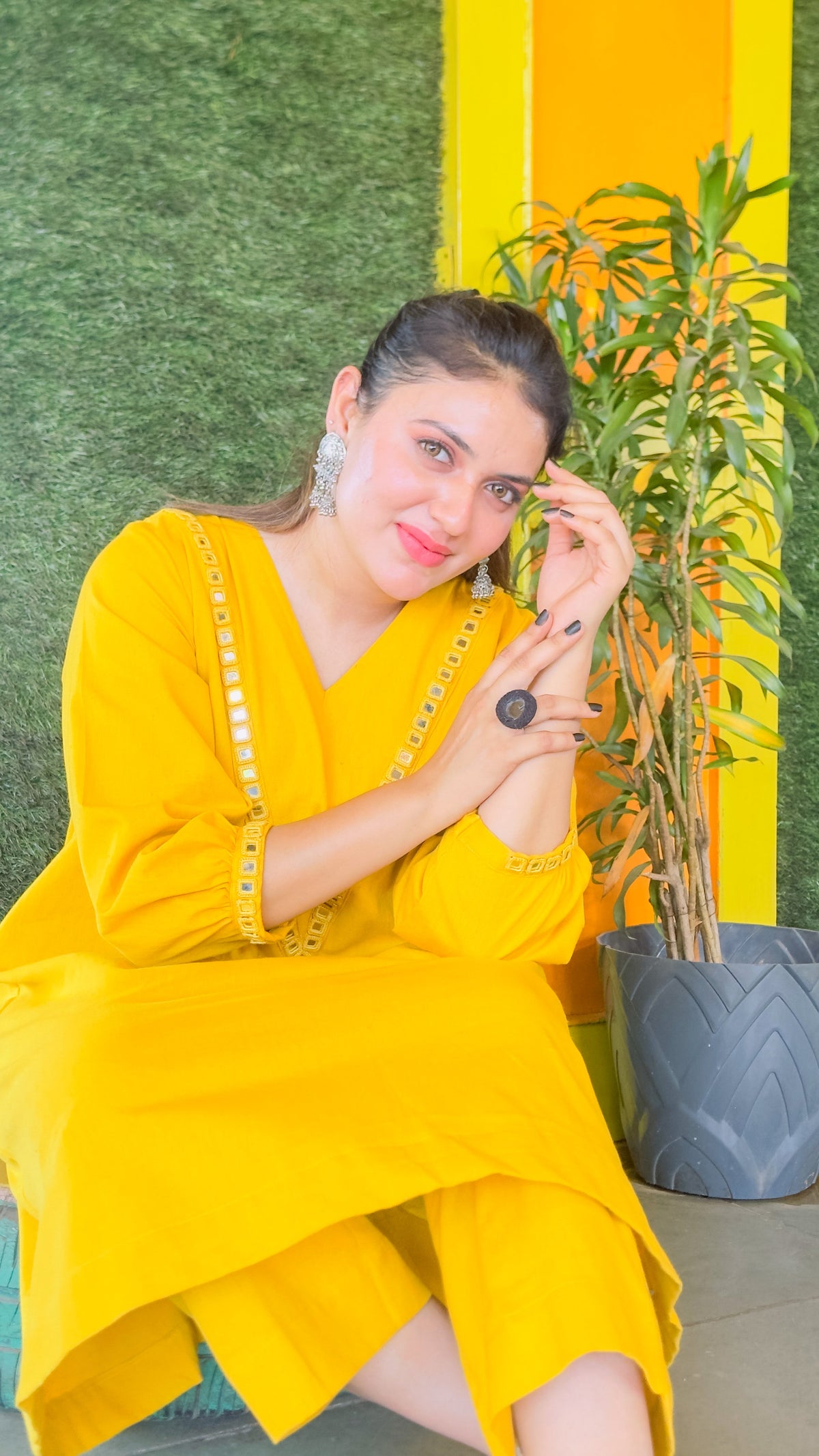 Solar Flare Hand-Woven Cotton V-Neck Kurta & Wide-Leg Pant Set-AABHALA COLLECTION HANDMADEAHOLIC BY MISHKA