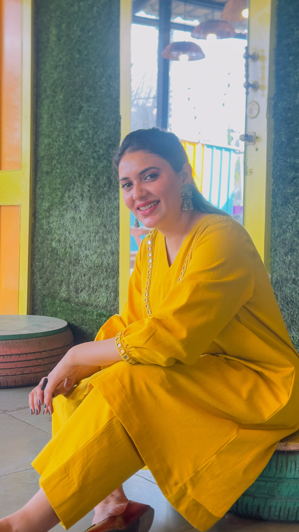 Solar Flare Hand-Woven Cotton V-Neck Kurta & Wide-Leg Pant Set-AABHALA COLLECTION HANDMADEAHOLIC BY MISHKA