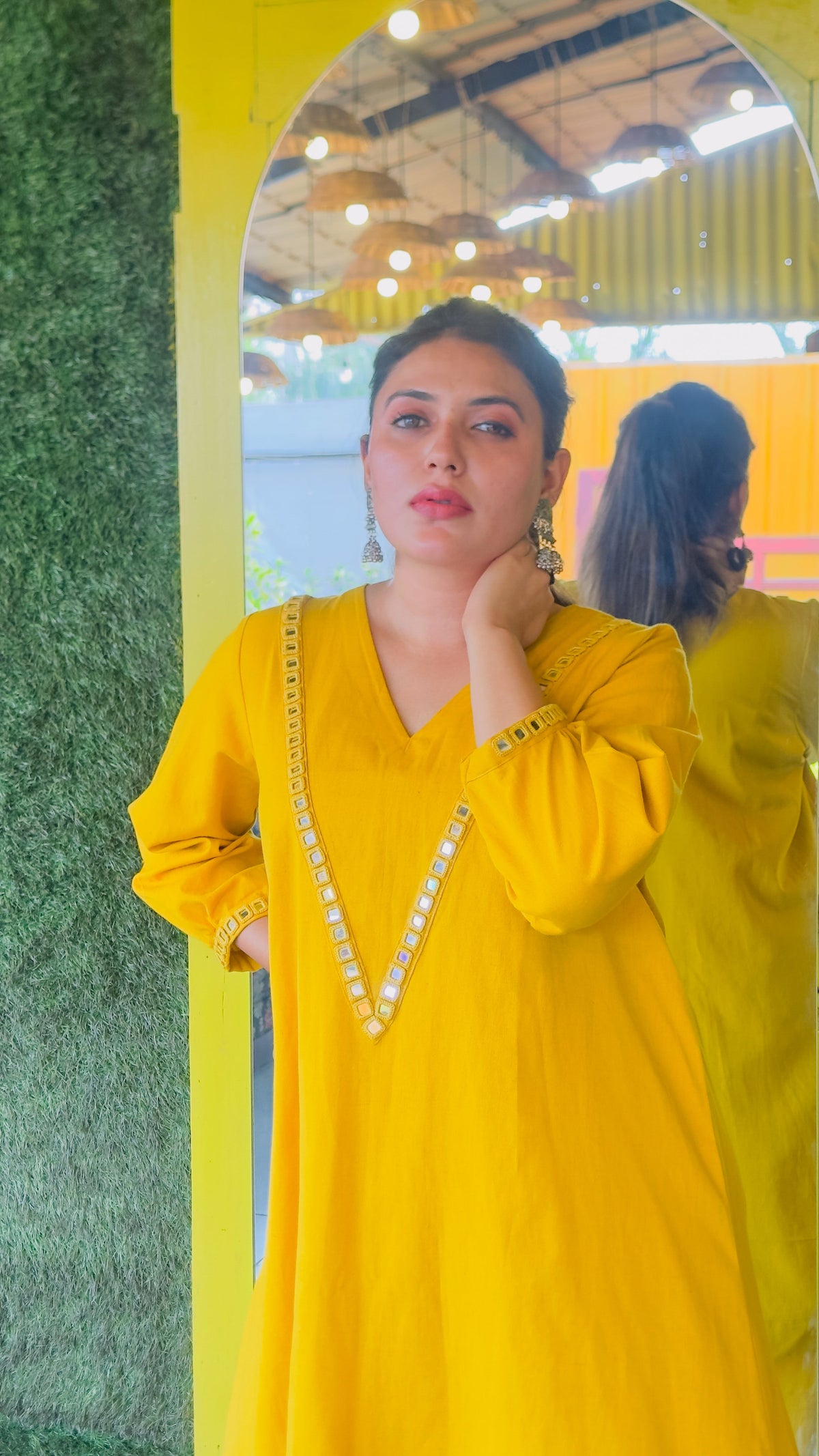 Solar Flare Hand-Woven Cotton V-Neck Kurta & Wide-Leg Pant Set-AABHALA COLLECTION HANDMADEAHOLIC BY MISHKA