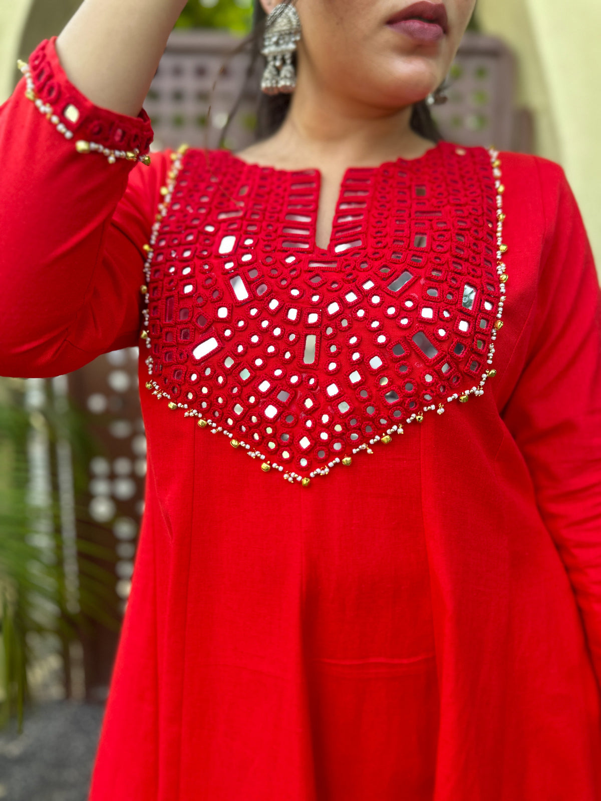 Scarlet Radiance Hand-Woven Cotton Kurta & Pant Set with Authentic Mirror Work- AABHALA COLLECTION HANDMADEAHOLIC BY MISHKA