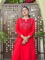 Scarlet Radiance Hand-Woven Cotton Kurta & Pant Set with Authentic Mirror Work- AABHALA COLLECTION HANDMADEAHOLIC BY MISHKA