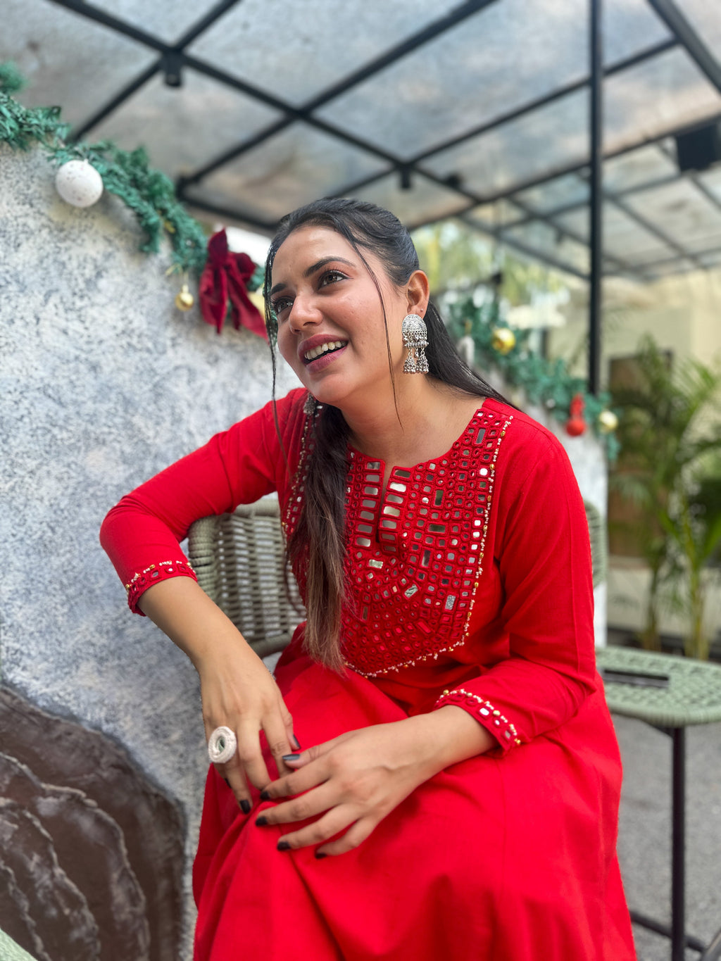 Scarlet Radiance Hand-Woven Cotton Kurta & Pant Set with Authentic Mirror Work- AABHALA COLLECTION HANDMADEAHOLIC BY MISHKA