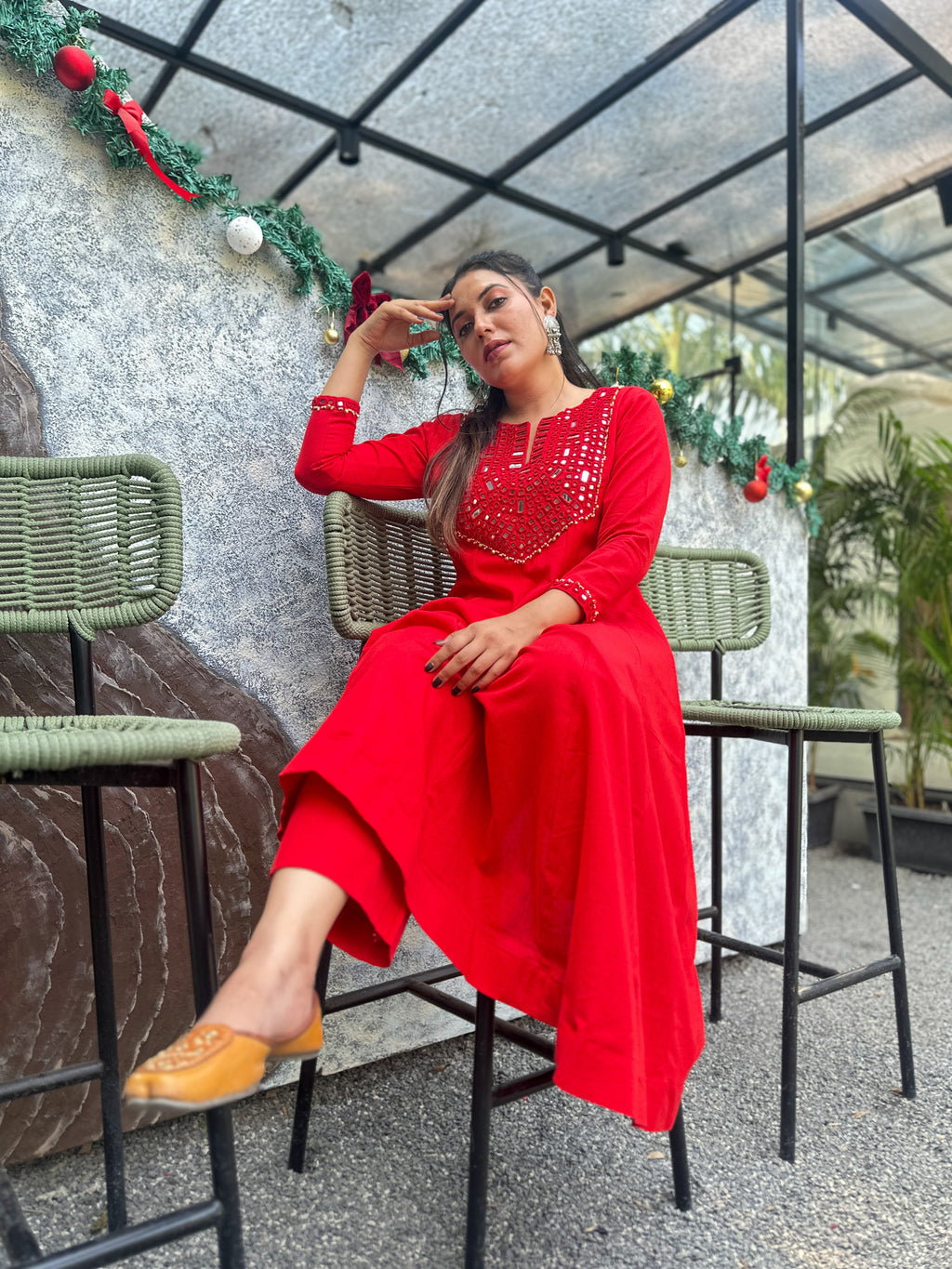 Scarlet Radiance Hand-Woven Cotton Kurta & Pant Set with Authentic Mirror Work- AABHALA COLLECTION HANDMADEAHOLIC BY MISHKA