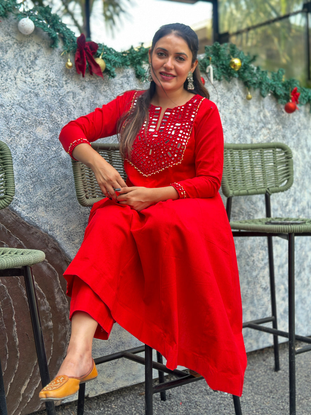 Scarlet Radiance Hand-Woven Cotton Kurta & Pant Set with Authentic Mirror Work- AABHALA COLLECTION HANDMADEAHOLIC BY MISHKA