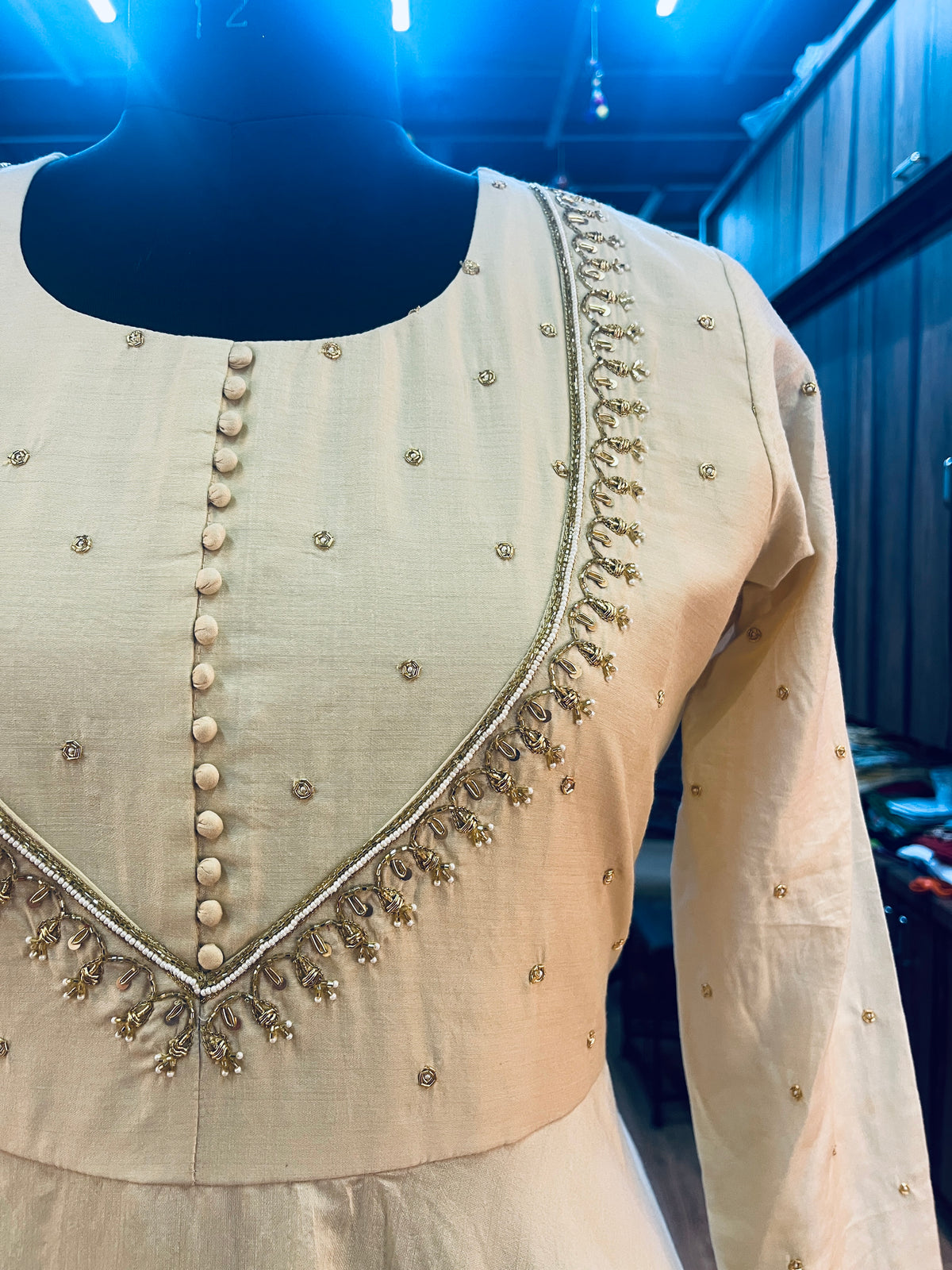 OFF WHITE PURE CHANDERI SILK ANARKALI HANDWORK SUIT SET - handmadeaholicmishka