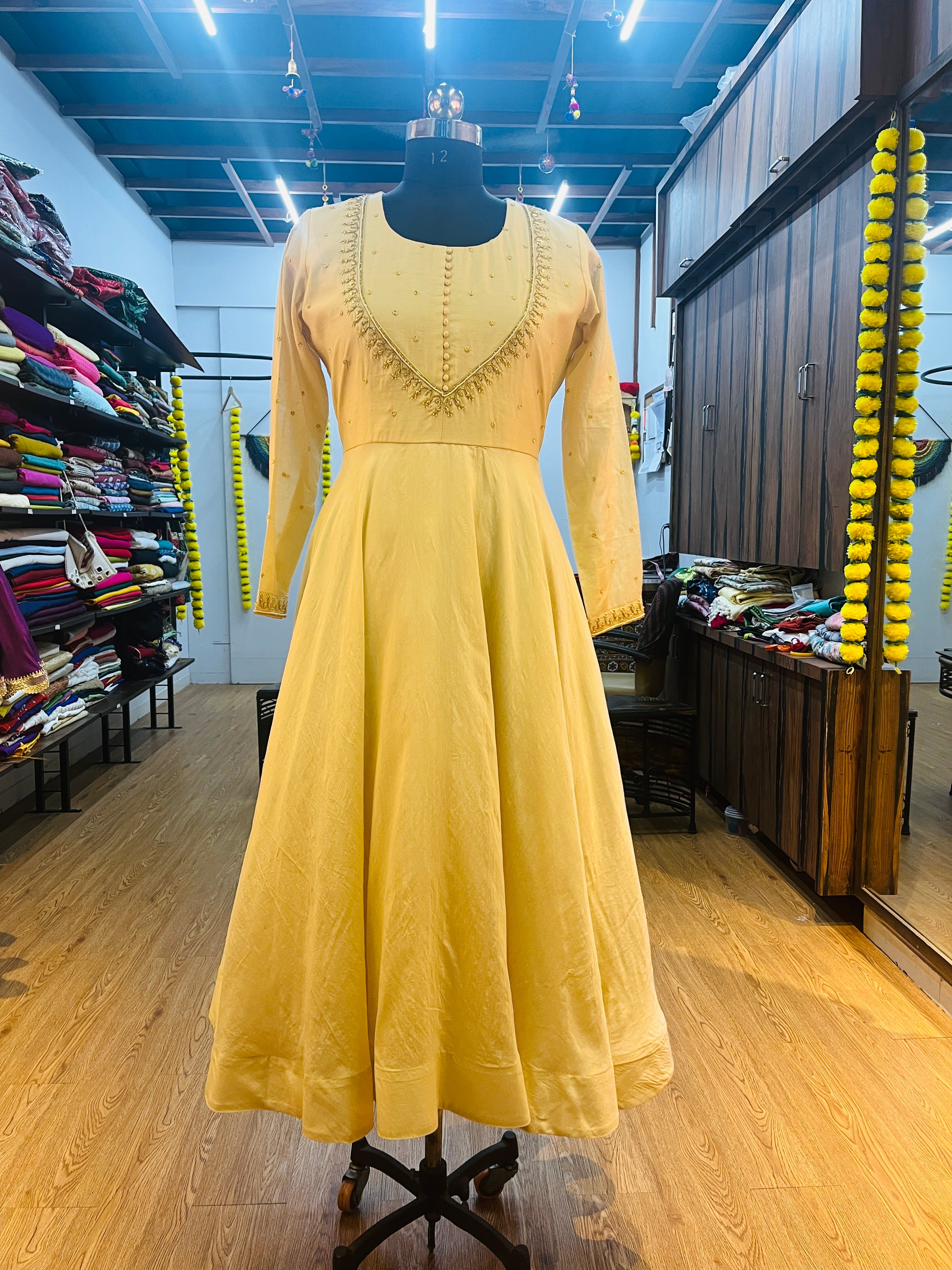 OFF WHITE PURE CHANDERI SILK ANARKALI HANDWORK SUIT SET - handmadeaholicmishka