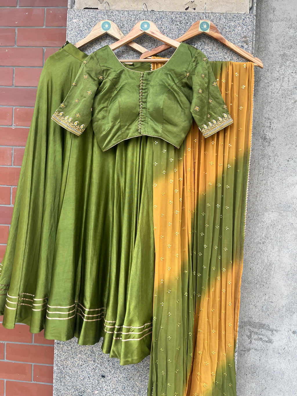 DOUBLE UMBRELLA MAHENDI GREEN GAJI SILK SKIRT - handmadeaholicmishka