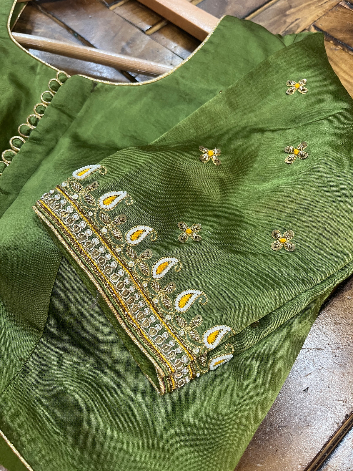 MAHENDI GREEN AND YELLOW GAJI SILK CHANIYA CHOLI - handmadeaholicmishka