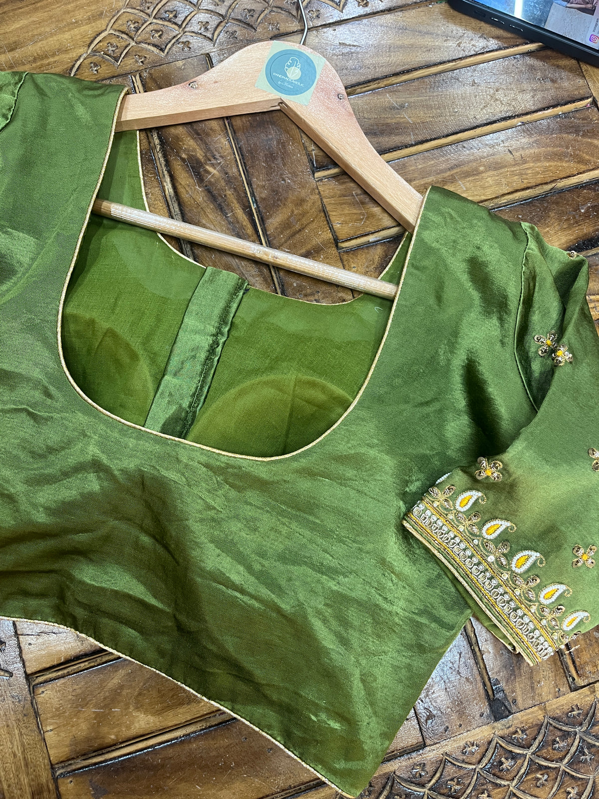 MAHENDI GREEN HANDWORK GAJI SILK BLOUSE - handmadeaholicmishka