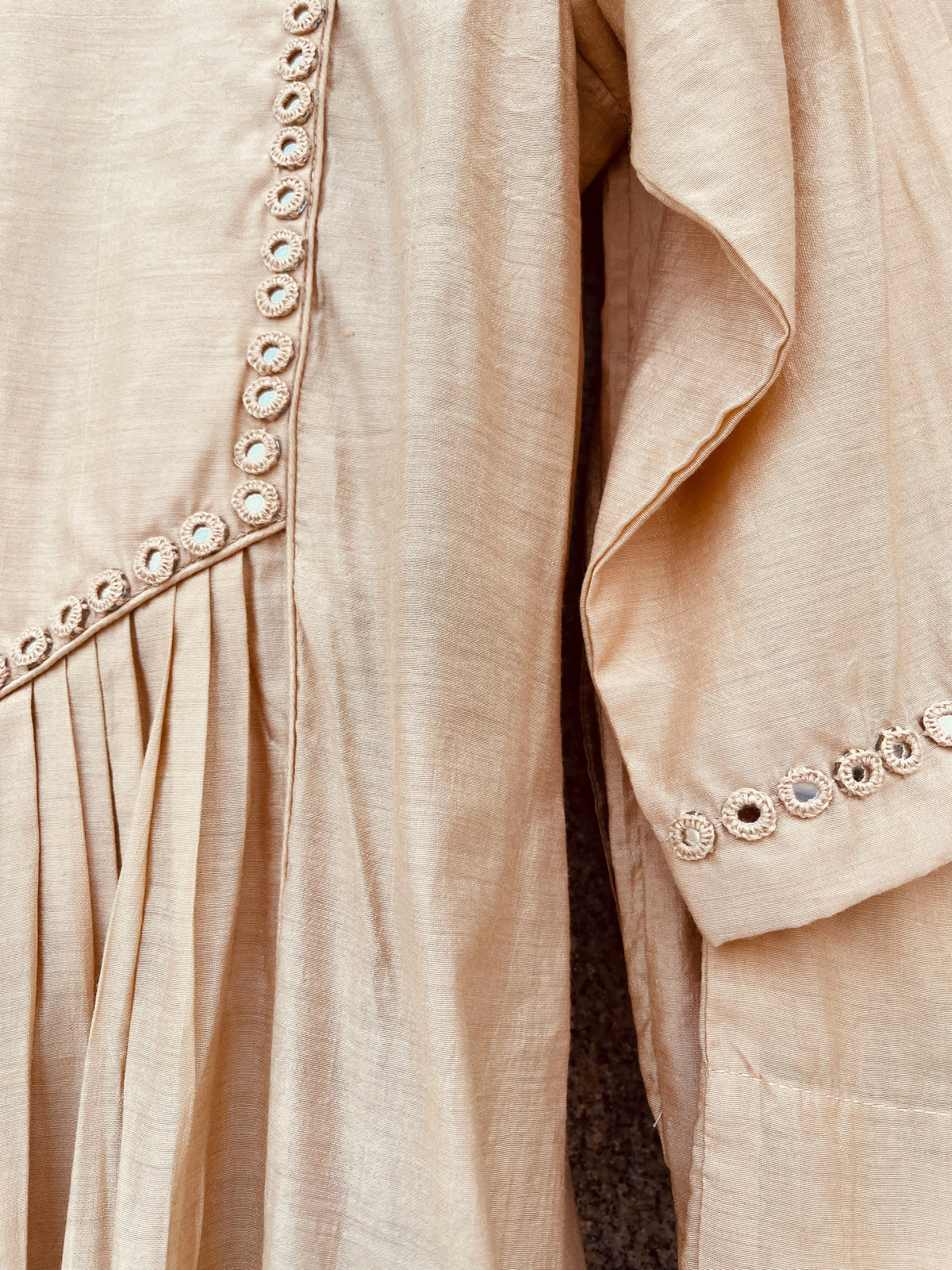 BEIGE COLOR MIRROR WORK CHANDERI SILK DRESS WITH PANT HANDMADEAHOLIC BY MISHKA