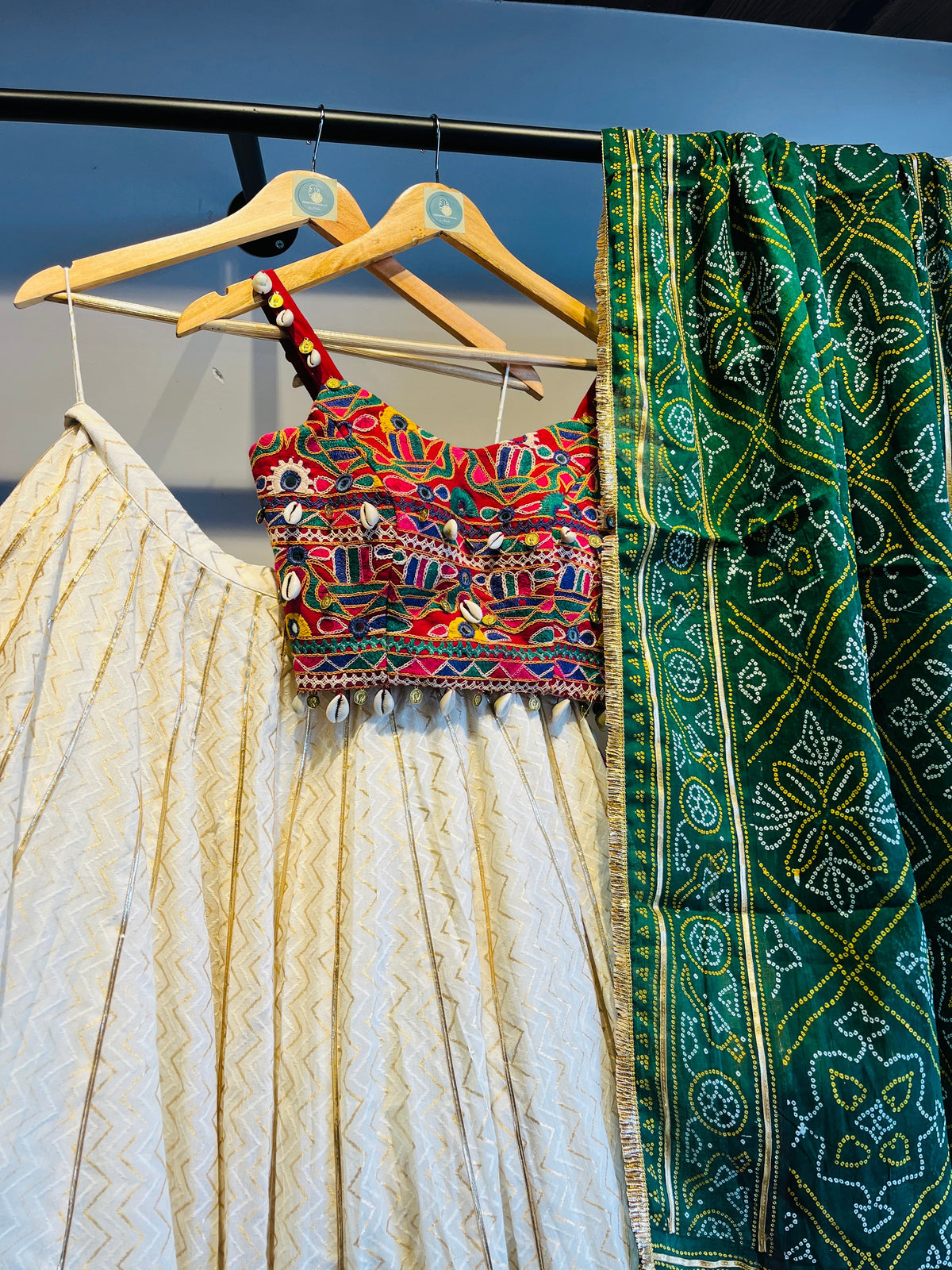 OFF WHITE AND GREEN BANDHANI CHANIYA CHOLI HANDMADEAHOLIC BY MISHKA