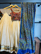 OFF WHITE AND BLUE BANDHANI CHANIYA CHOLI HANDMADEAHOLIC BY MISHKA