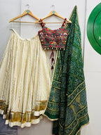 OFF WHITE AND GREEN BANDHANI CHANIYA CHOLI HANDMADEAHOLIC BY MISHKA