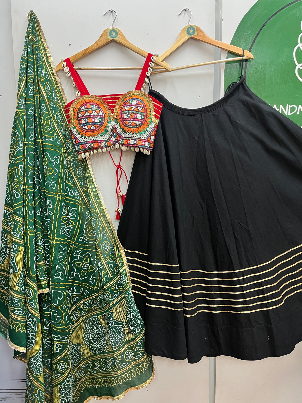 BLACK AND RED, GREEN BANDHANI CHANIYA CHOLI HANDMADEAHOLIC BY MISHKA