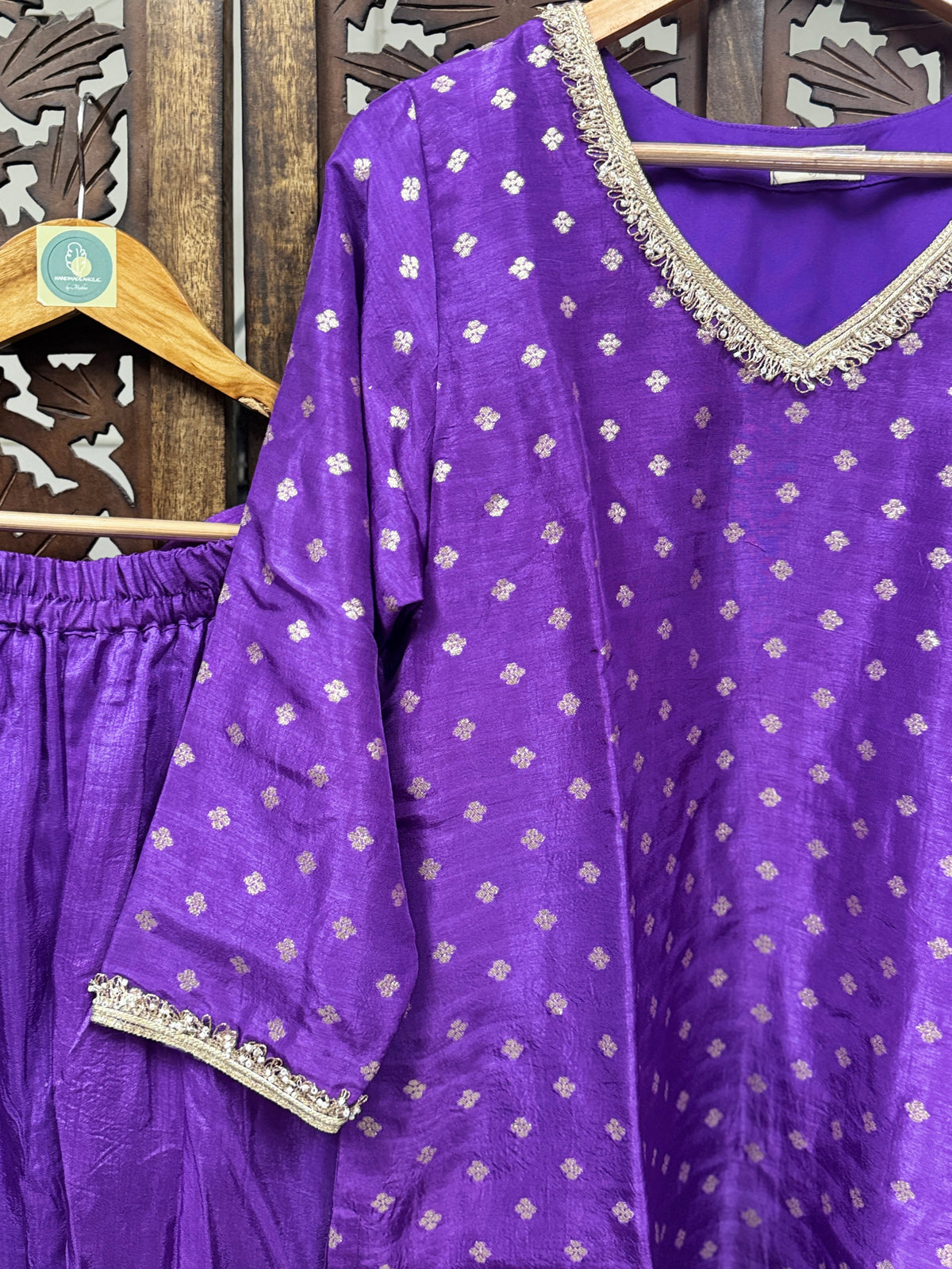 Regal Violet Dola Silk Suit Set with High-Flare Umbrella Palazzo & Embroidered Net Dupatta HANDMADEAHOLIC BY MISHKA
