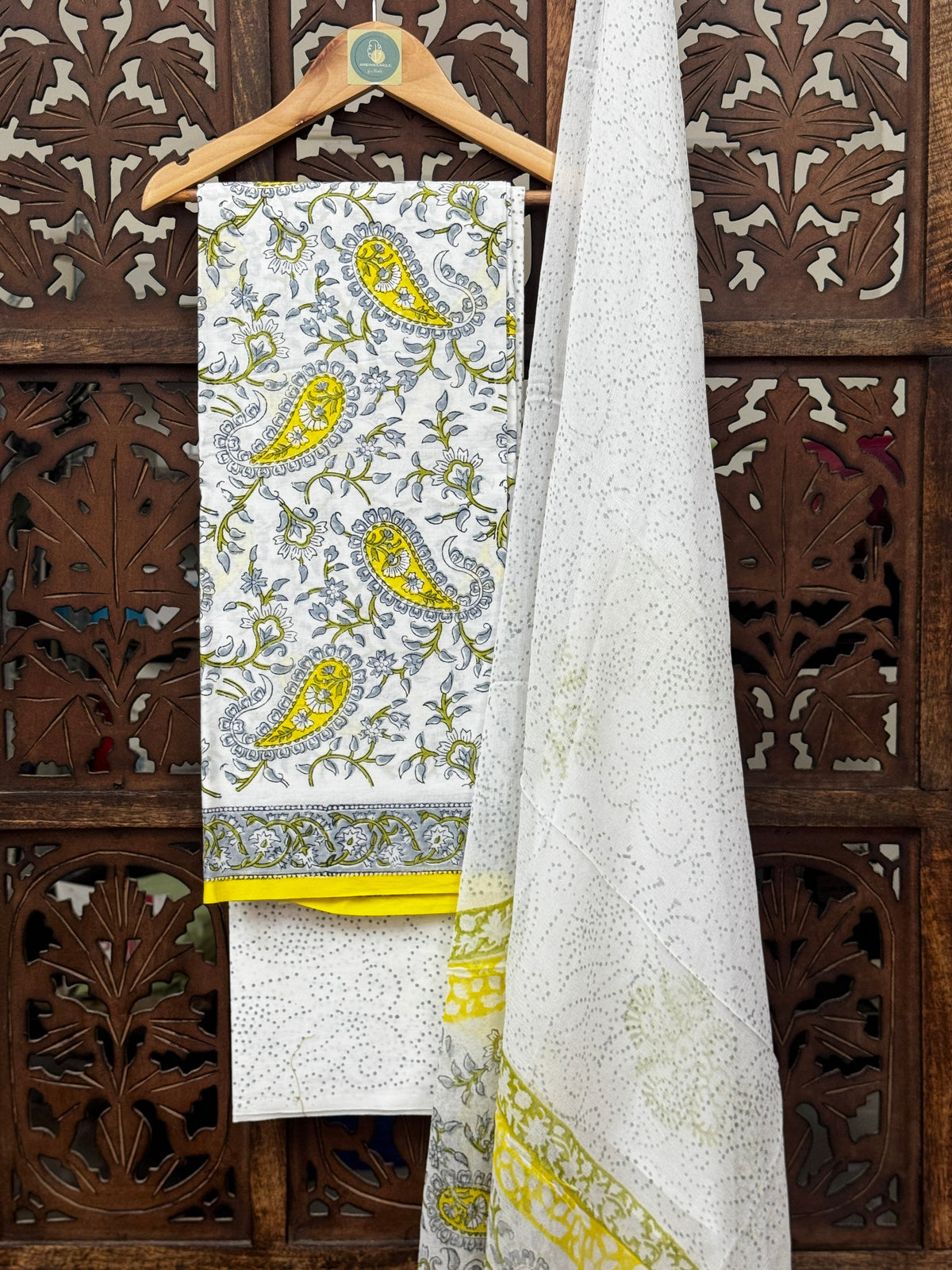 Sun-Kissed Sanganeri: Handblock Mul Cotton Unstitched Suit Set with Chiffon Dupatta HANDMADEAHOLIC BY MISHKA