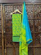 Azure-Lime Handblock Mul Cotton Unstitched Suit Set with Gota-Lace Chiffon Dupatta HANDMADEAHOLIC BY MISHKA