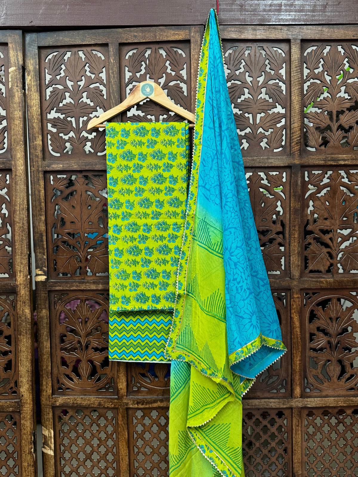 Azure-Lime Handblock Mul Cotton Unstitched Suit Set with Gota-Lace Chiffon Dupatta HANDMADEAHOLIC BY MISHKA