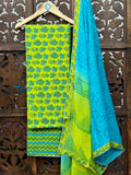 Azure-Lime Handblock Mul Cotton Unstitched Suit Set with Gota-Lace Chiffon Dupatta HANDMADEAHOLIC BY MISHKA