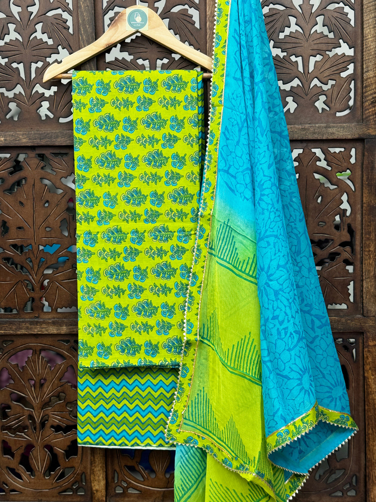 Azure-Lime Handblock Mul Cotton Unstitched Suit Set with Gota-Lace Chiffon Dupatta HANDMADEAHOLIC BY MISHKA