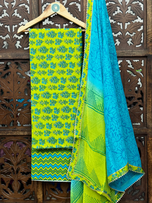 Azure-Lime Handblock Mul Cotton Unstitched Suit Set with Gota-Lace Chiffon Dupatta HANDMADEAHOLIC BY MISHKA