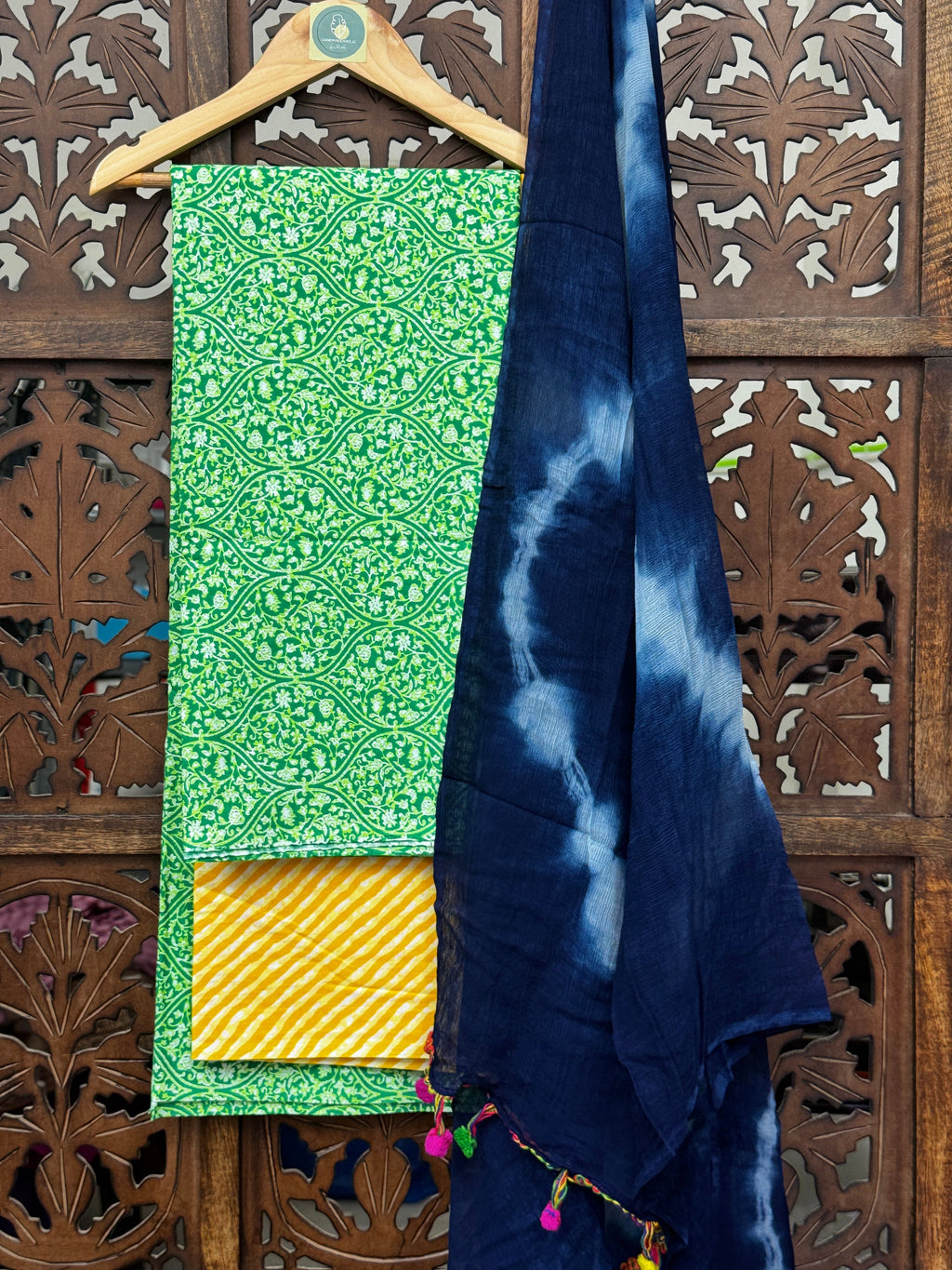 Vibrant Meadow Handblock Mul Cotton Suit Set with Shibori Chiffon Dupatta HANDMADEAHOLIC BY MISHKA