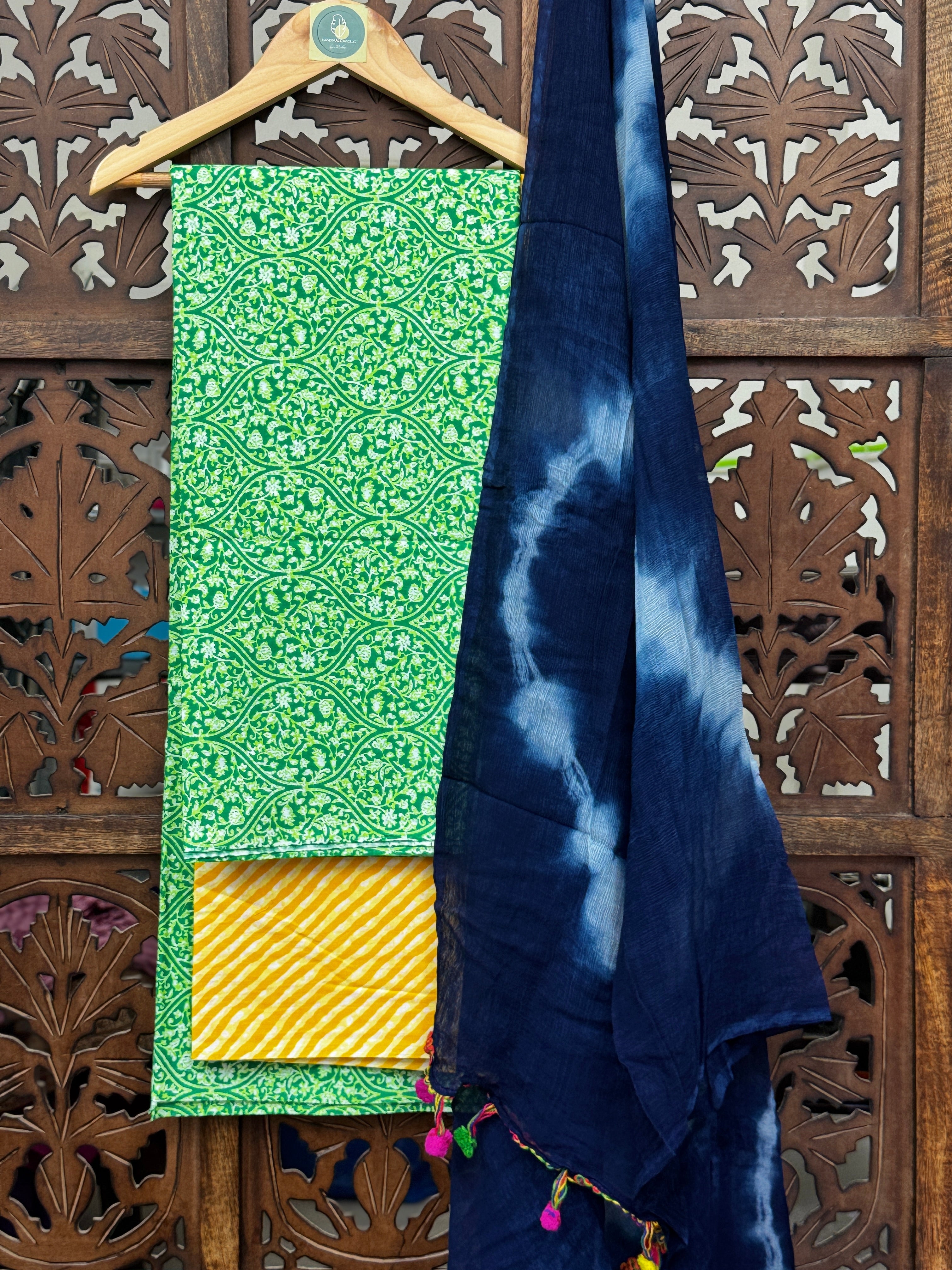 Vibrant Meadow Handblock Mul Cotton Suit Set with Shibori Chiffon Dupatta HANDMADEAHOLIC BY MISHKA
