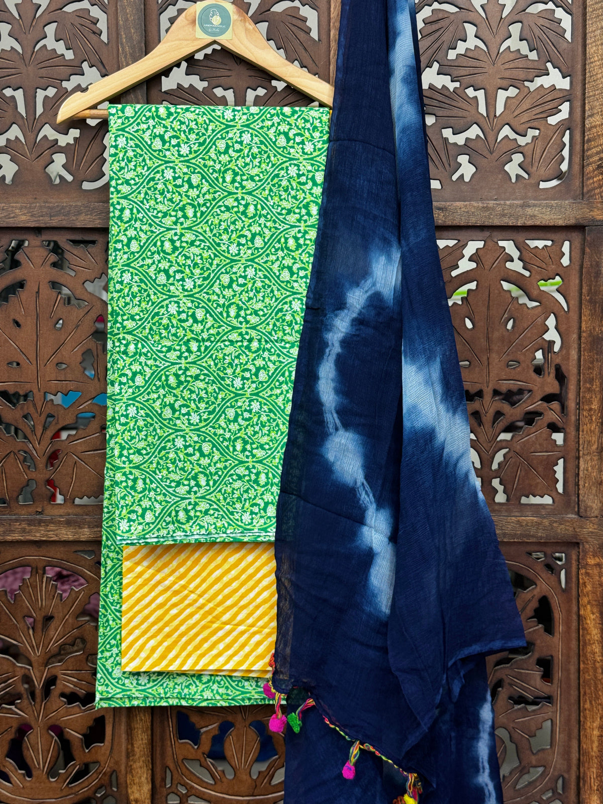 Vibrant Meadow Handblock Mul Cotton Suit Set with Shibori Chiffon Dupatta HANDMADEAHOLIC BY MISHKA