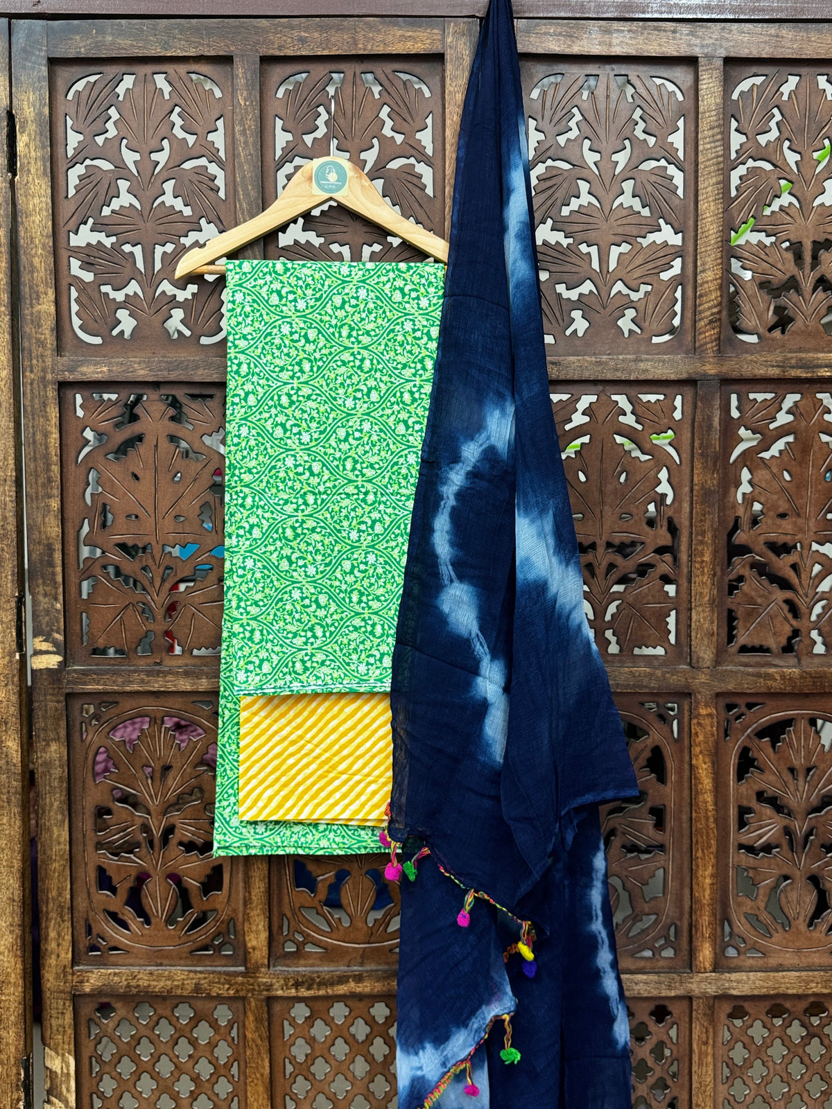 Vibrant Meadow Handblock Mul Cotton Suit Set with Shibori Chiffon Dupatta HANDMADEAHOLIC BY MISHKA