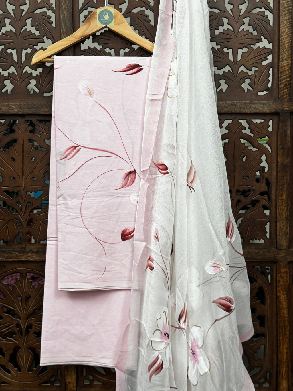 Blush Flora Hand-Painted Mul Cotton Unstitched Suit Set with Chiffon Dupatta HANDMADEAHOLIC BY MISHKA