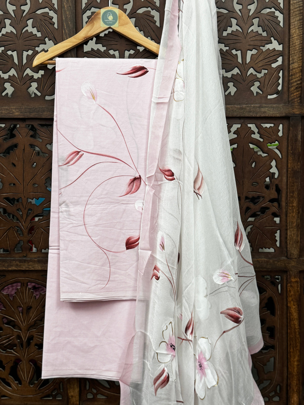 Blush Flora Hand-Painted Mul Cotton Unstitched Suit Set with Chiffon Dupatta HANDMADEAHOLIC BY MISHKA