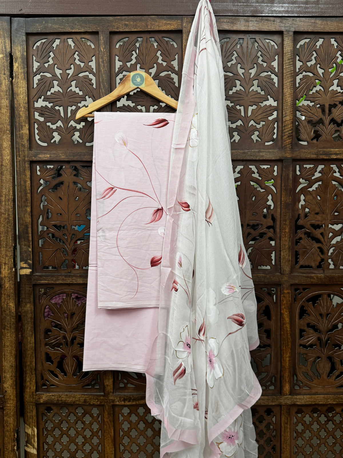 Blush Flora Hand-Painted Mul Cotton Unstitched Suit Set with Chiffon Dupatta HANDMADEAHOLIC BY MISHKA