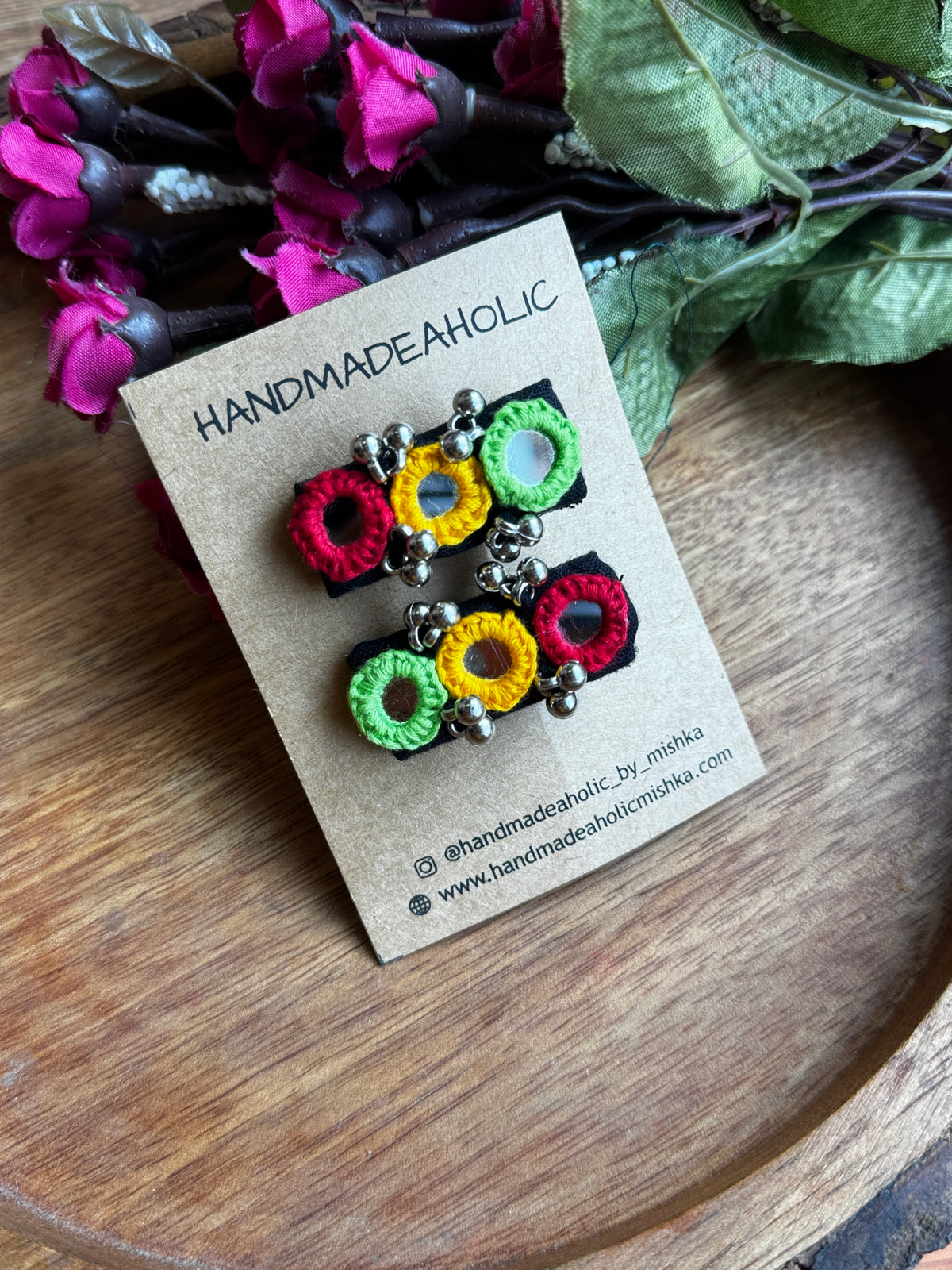 Handcrafted Afgani Mirror Work Hair Clips – Vibrant Threadwork & Ghungroo Accents (Set of 2)