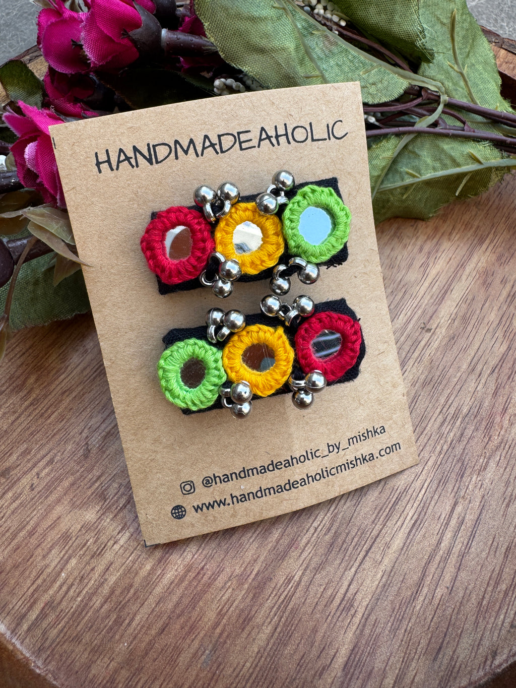Handcrafted Afgani Mirror Work Hair Clips – Vibrant Threadwork & Ghungroo Accents (Set of 2)