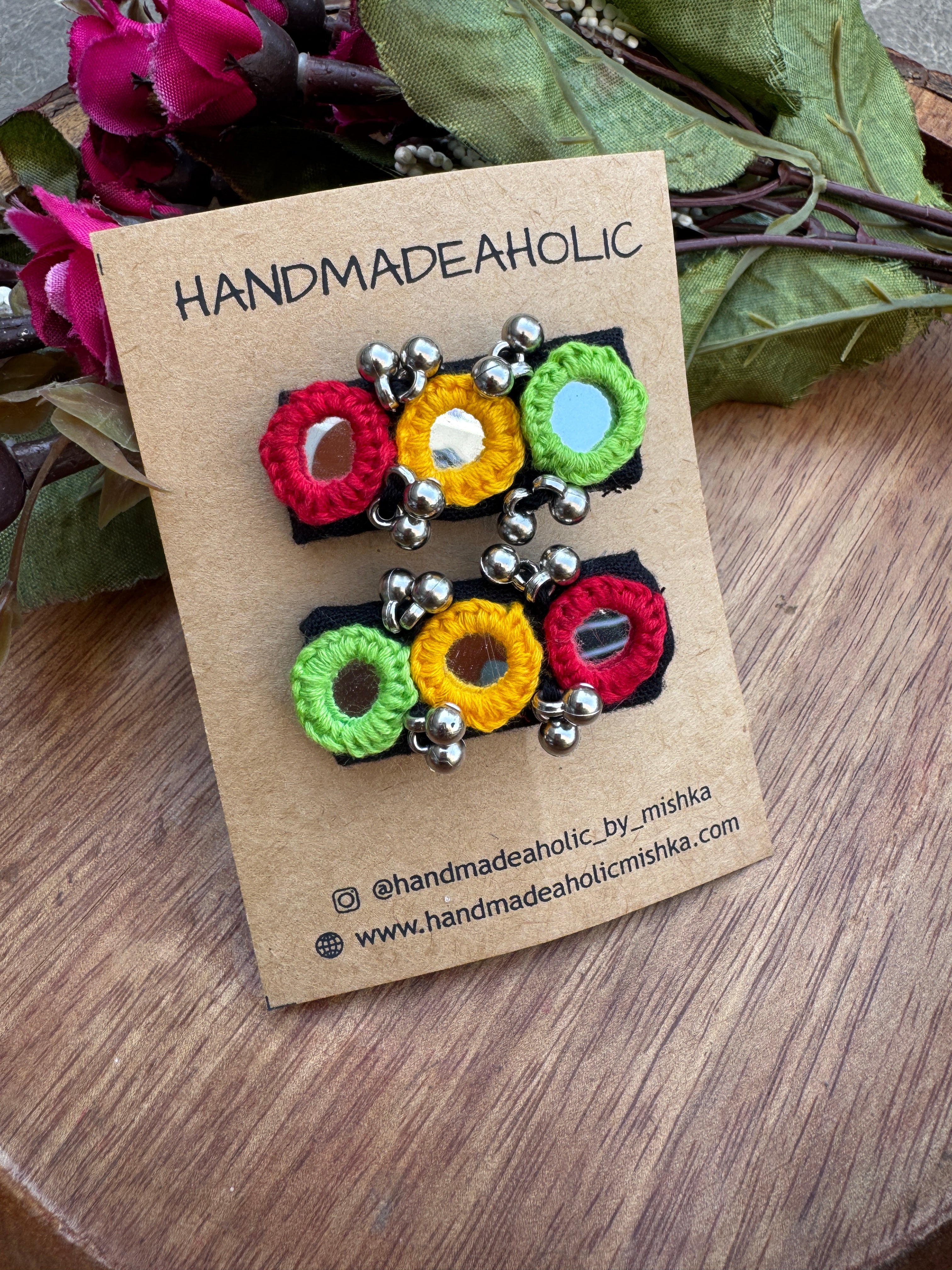 Handcrafted Afgani Mirror Work Hair Clips – Vibrant Threadwork & Ghungroo Accents (Set of 2)