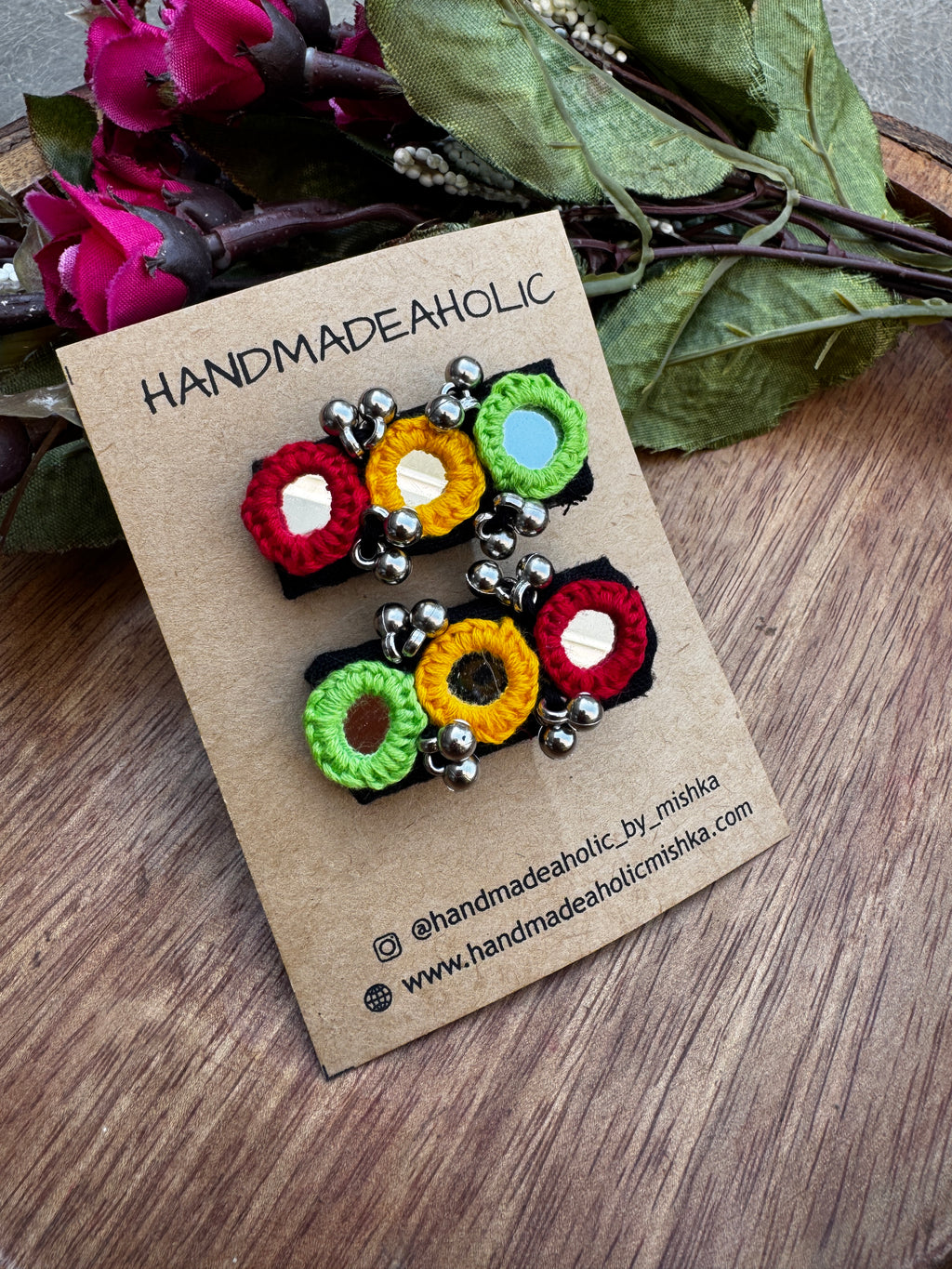 Handcrafted Afgani Mirror Work Hair Clips – Vibrant Threadwork & Ghungroo Accents (Set of 2)