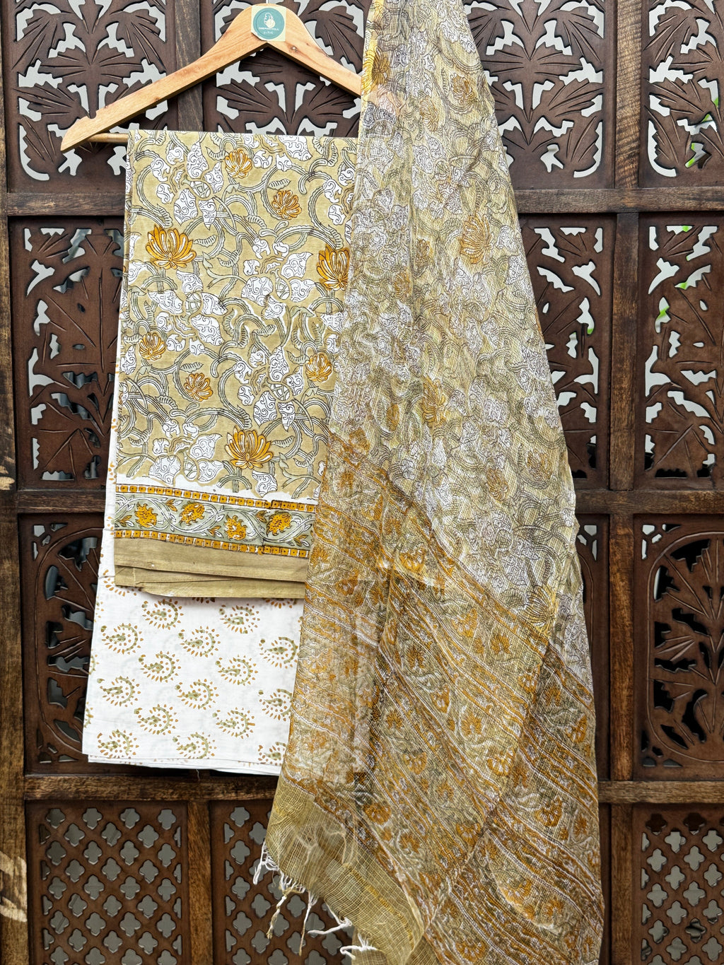 Olive & Mustard Hand-Block Printed Cotton Suit Set | 3-Piece Unstitched Fabric with Kota Doria Dupatta HANDMADEAHOLIC BY MISHKA