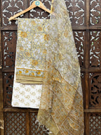 Olive & Mustard Hand-Block Printed Cotton Suit Set | 3-Piece Unstitched Fabric with Kota Doria Dupatta HANDMADEAHOLIC BY MISHKA