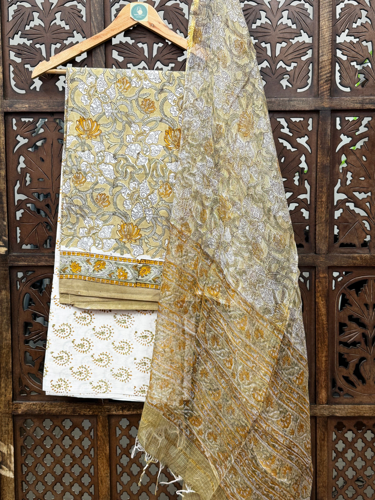 Olive & Mustard Hand-Block Printed Cotton Suit Set | 3-Piece Unstitched Fabric with Kota Doria Dupatta HANDMADEAHOLIC BY MISHKA